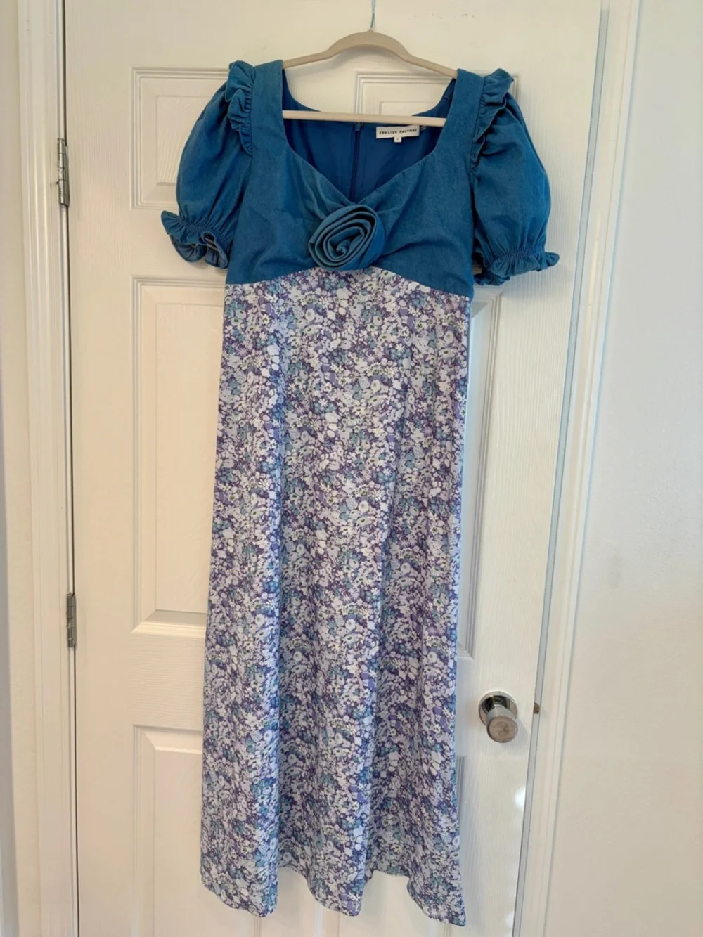 NWT English Factory Anthropologie Denim Rosette Floral Midi Dress - Picture 3 of 7
